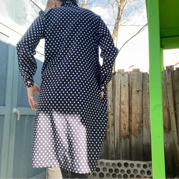 Vintage blue and white polka dot dress, long sleeve, bow at neck, buttons, M/L - Picture 2 of 13